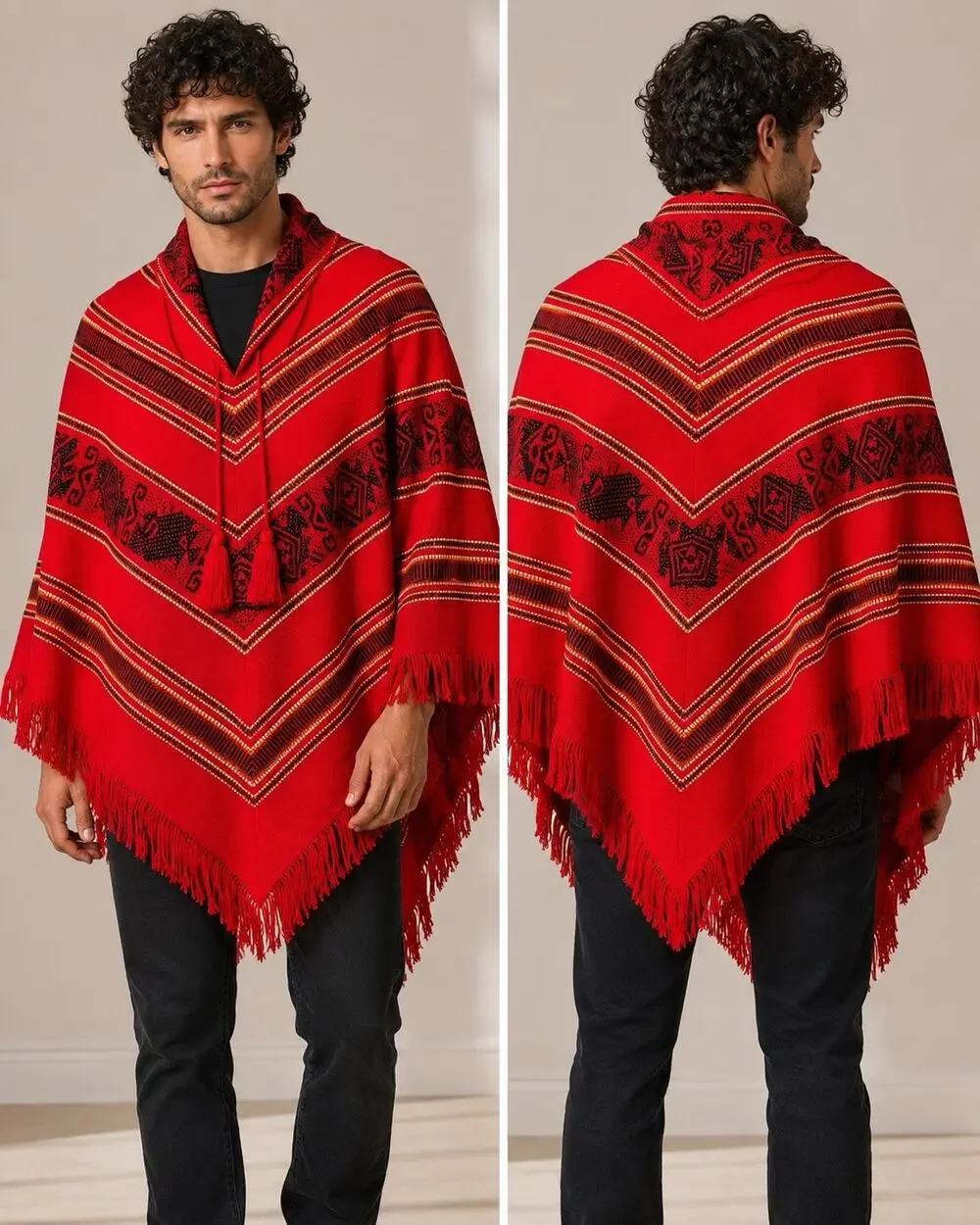 Red Black Woven Geometric Fringe Poncho Cape Shawl Boho Festival One Size